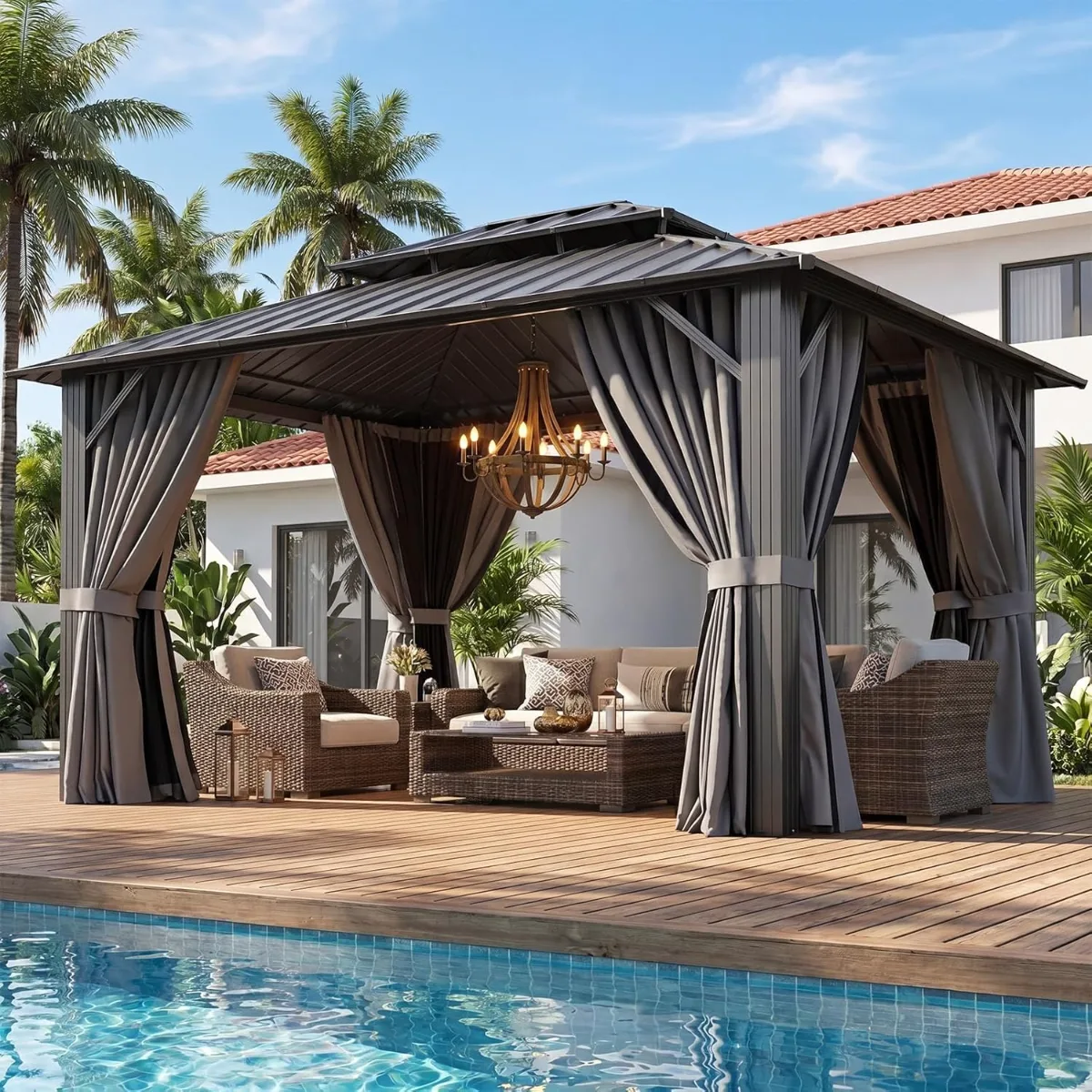 Aoxun Gazebo 10x12 Hardtop Gazebo with Double Galvanized Steel Roof, Gray | Metal Frame Outdoor Pavilion with Breathable Netting and Privacy Curtain for Backyard