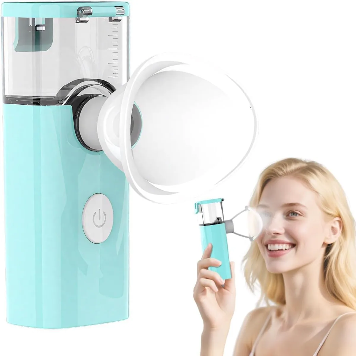 2-in-1 Nano Face & Eye Mister spraying cool mist over face and eyelashes for hydration and makeup setting