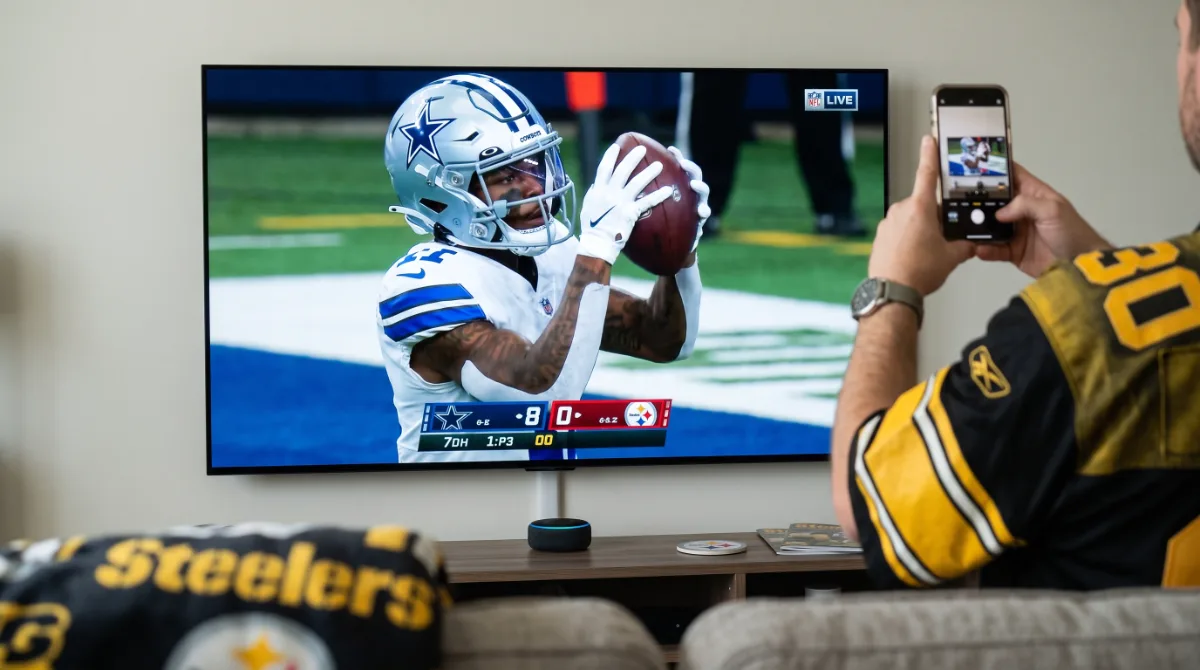 Living room setup with LG OLED TV, Sonos soundbar, Fire TV Stick, Govee backlights, iPad, and YETI colster for NFL preseason game day