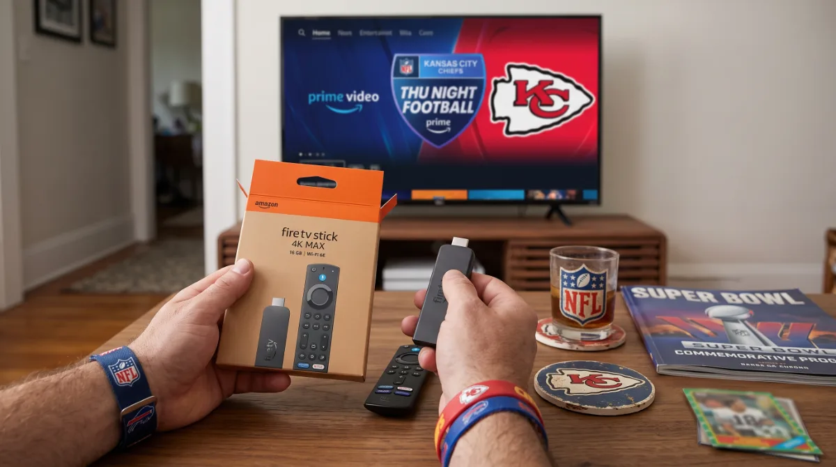 Living room setup with LG OLED TV, Sonos soundbar, Fire TV Stick, Govee backlights, iPad, and YETI colster for NFL preseason game day