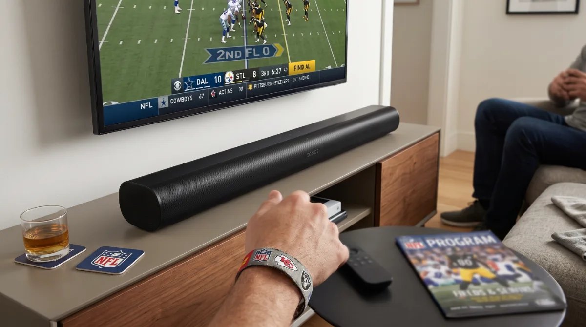 Living room setup with LG OLED TV, Sonos soundbar, Fire TV Stick, Govee backlights, iPad, and YETI colster for NFL preseason game day