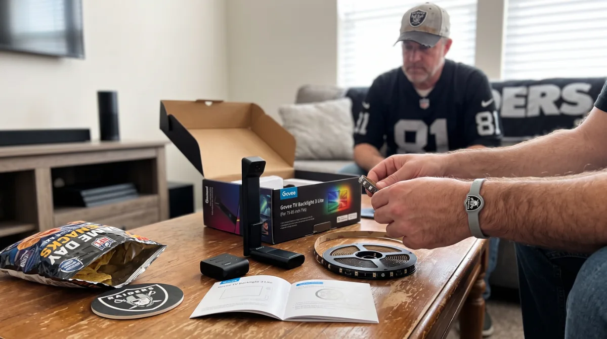 Living room setup with LG OLED TV, Sonos soundbar, Fire TV Stick, Govee backlights, iPad, and YETI colster for NFL preseason game day