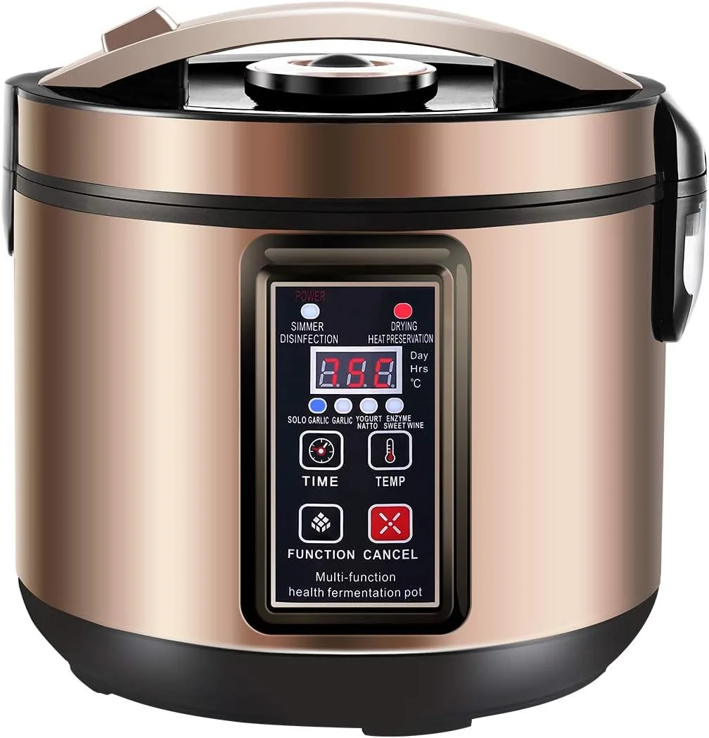 6L Black Garlic Fermenter with digital control panel fermenting garlic cloves on a rustic kitchen counter