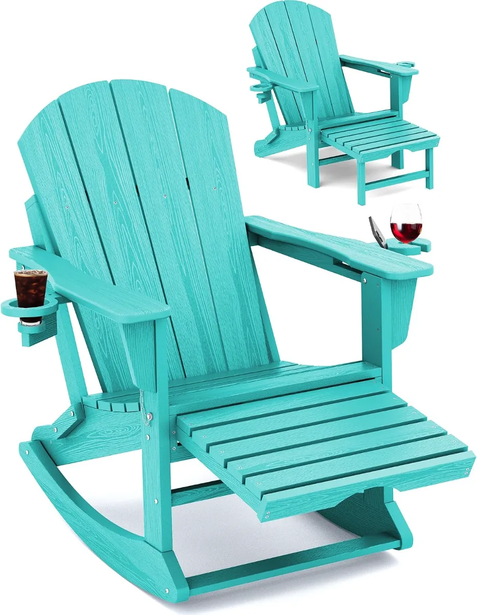 Adirondack rocking chair with ottoman and cup holders in Aruba Blue HDPE on a sunny porch