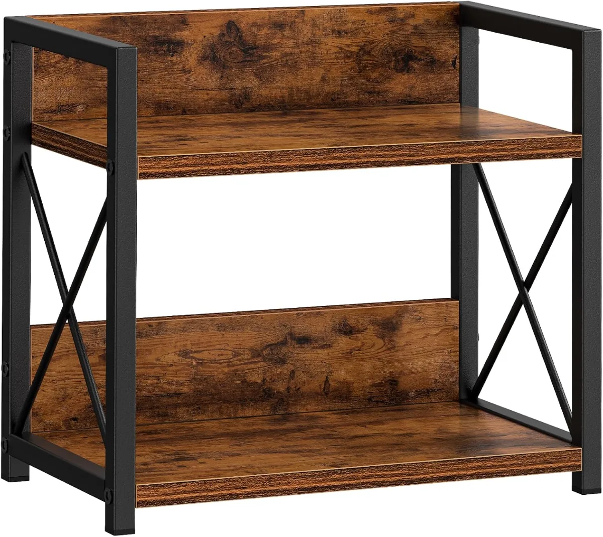 Aesthetic coffee bar accessories displayed on a kitchen countertop including shelf organizer, frother, warmer, mugs, flatware, and pitcher