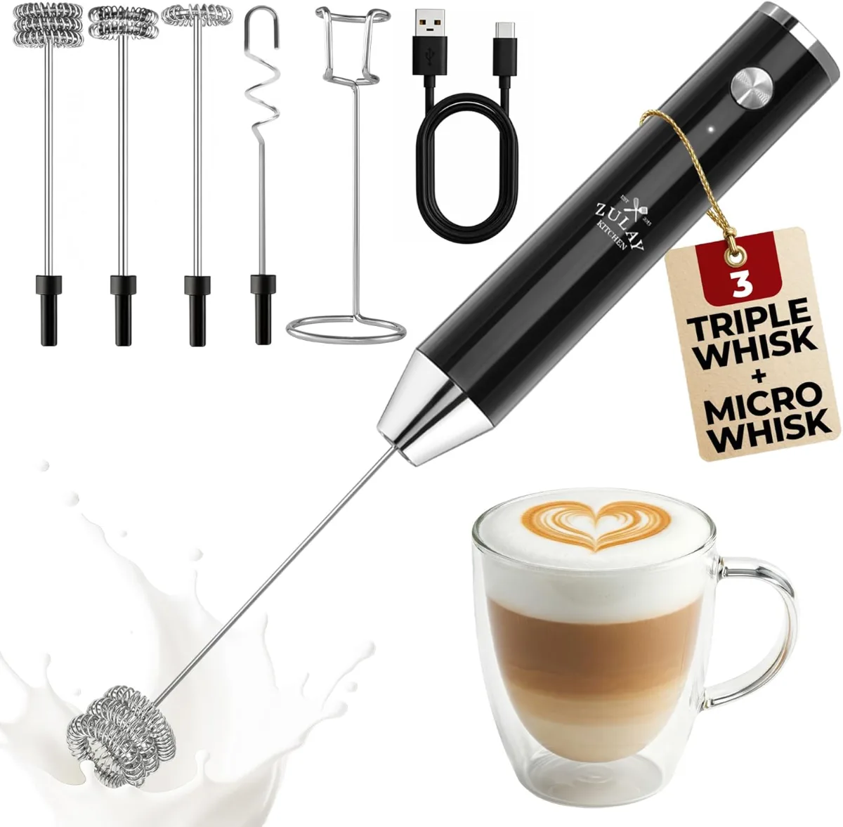 Aesthetic coffee bar accessories displayed on a kitchen countertop including shelf organizer, frother, warmer, mugs, flatware, and pitcher