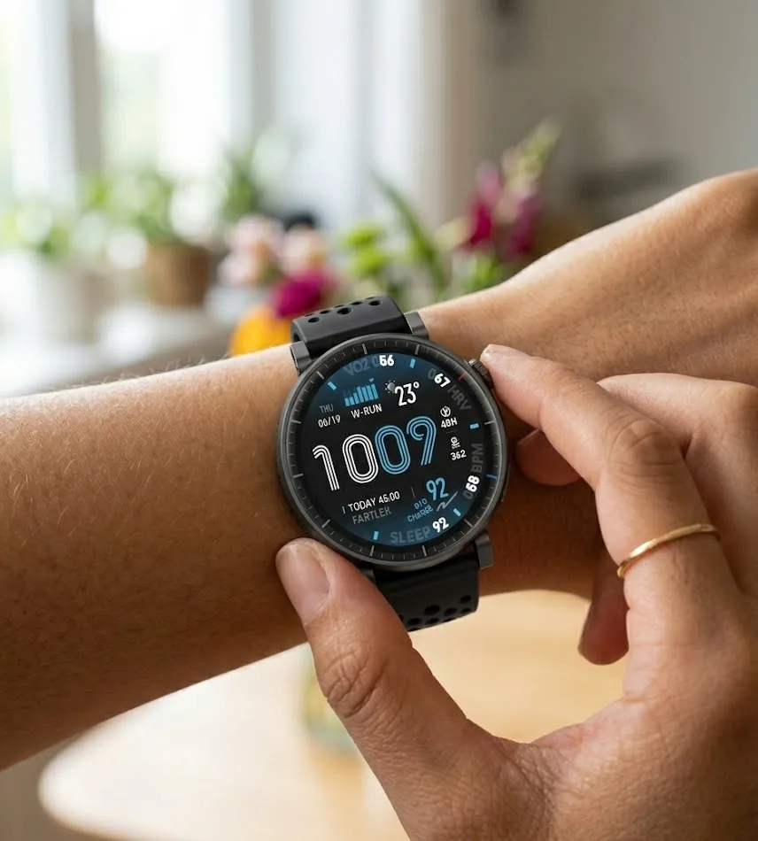 Apple Watch Ultra 3 dupe Amazfit Active Max smartwatch side-by-side showing similar rugged titanium case and alpine loop band