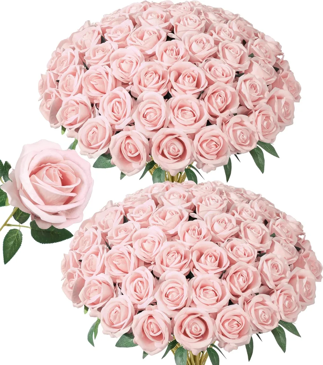 Realistic artificial roses with stems arranged in a vase for home decor or wedding centerpieces
