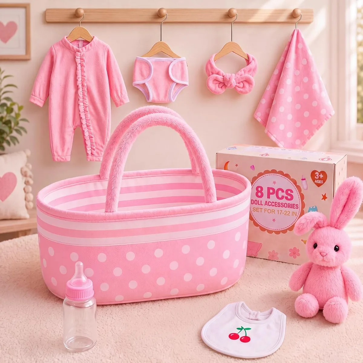 BABESIDE 8-piece baby doll accessories set with bassinet, bodysuit, diaper, and blanket for 17-22 inch dolls