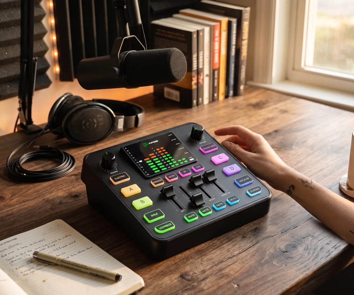 Best Audio Mixer for Streaming: Pupgsis gaming audio interface with RGB lighting and voice changer