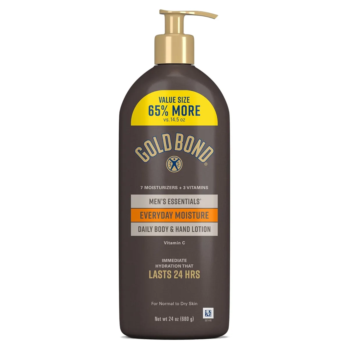Gold Bond Men's Essentials Daily Body & Hand Lotion bottle on a bathroom counter, showcasing the 24 oz size and Vitamin C label