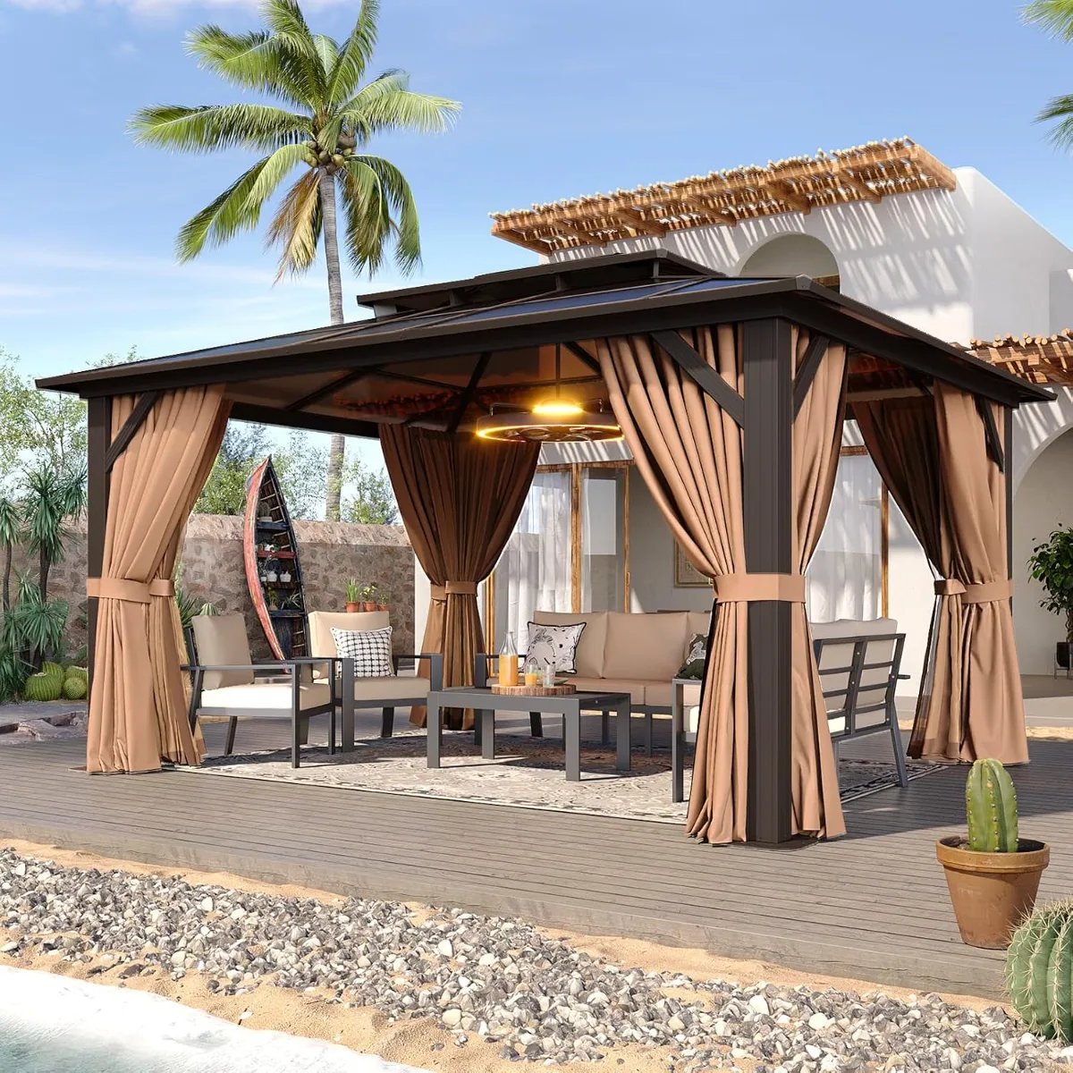 Aoxun 12'x10' hardtop gazebo with polycarbonate double roof and brown metal frame set up in a backyard patio