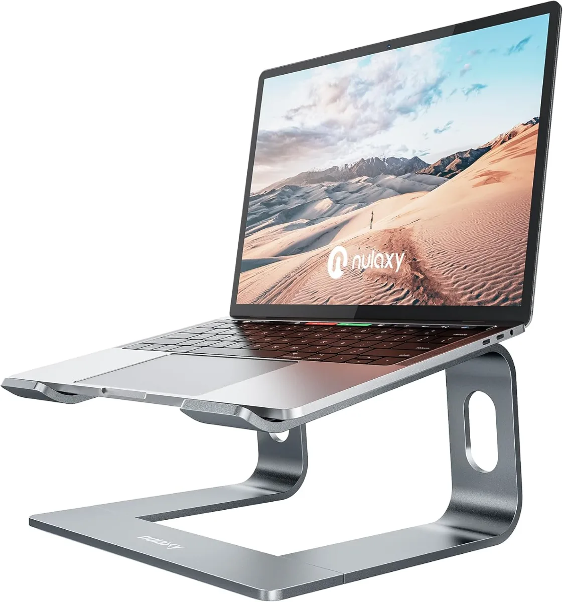 A tidy desk setup featuring the best laptop stand under 30 choices in silver, black, and aluminum finishes