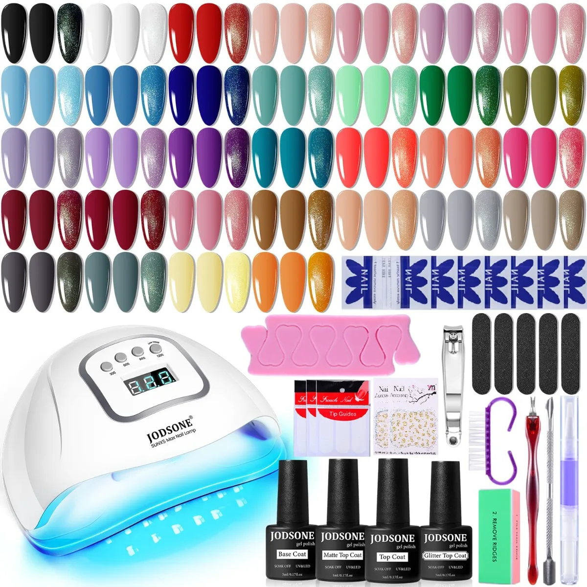 Best nail tools for home manicure displayed on a vanity: dust collector, cordless drill, gel polish kit, and drill bits set.
