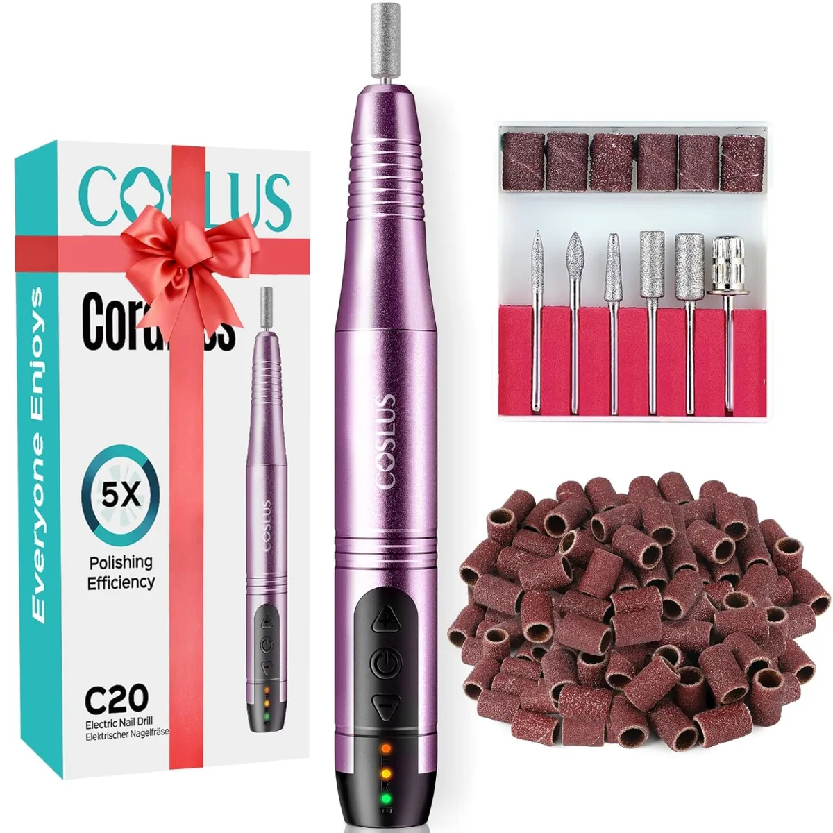 Best nail tools for home manicure displayed on a vanity: dust collector, cordless drill, gel polish kit, and drill bits set.