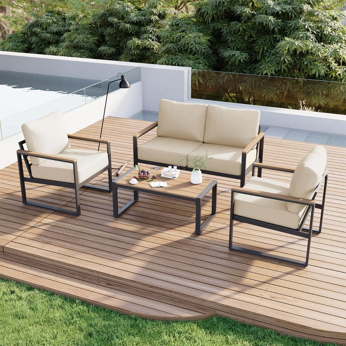 Aoxun Patio Furniture Set beige outdoor conversation set with thick cushions and coffee table on a balcony