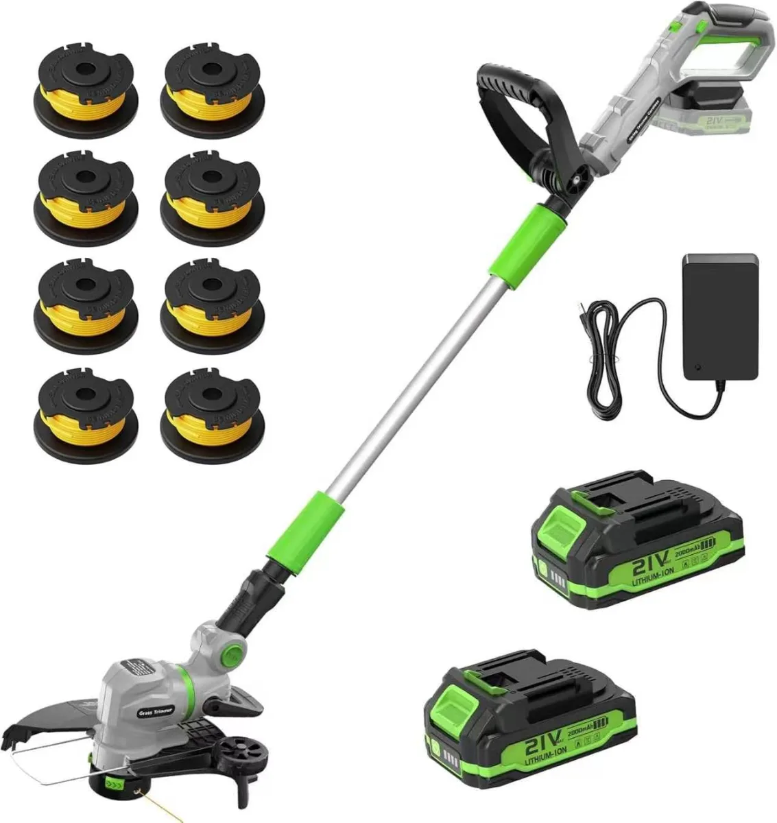 12" 21V Weed Wacker Cordless, 2 in 1 String Trimmer and Edger | Automatic Line Feed, 2 Speed Modes, 2 X 2.0Ah Batteries, 8 Replacement Spools, Weed Eater for Lawn, Yard, Garden, etc, Green