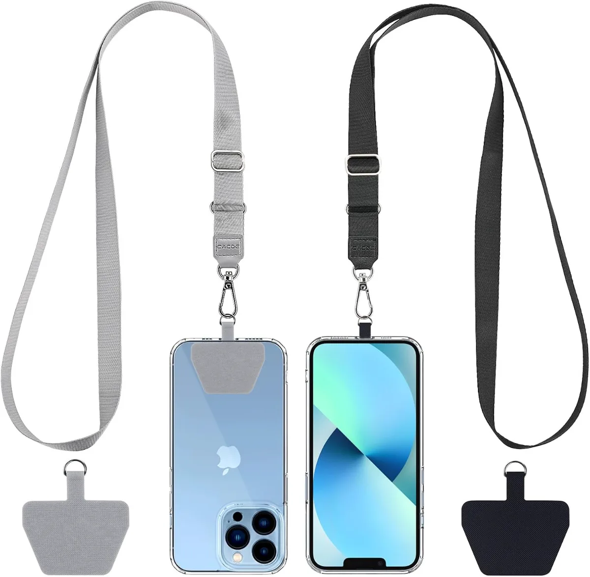 A flat lay of cute phone accessories that look expensive, featuring adjustable lanyards, pearl‑beaded chains, magnetic tethers, two‑tone braided wristlets, and MagSafe grips.