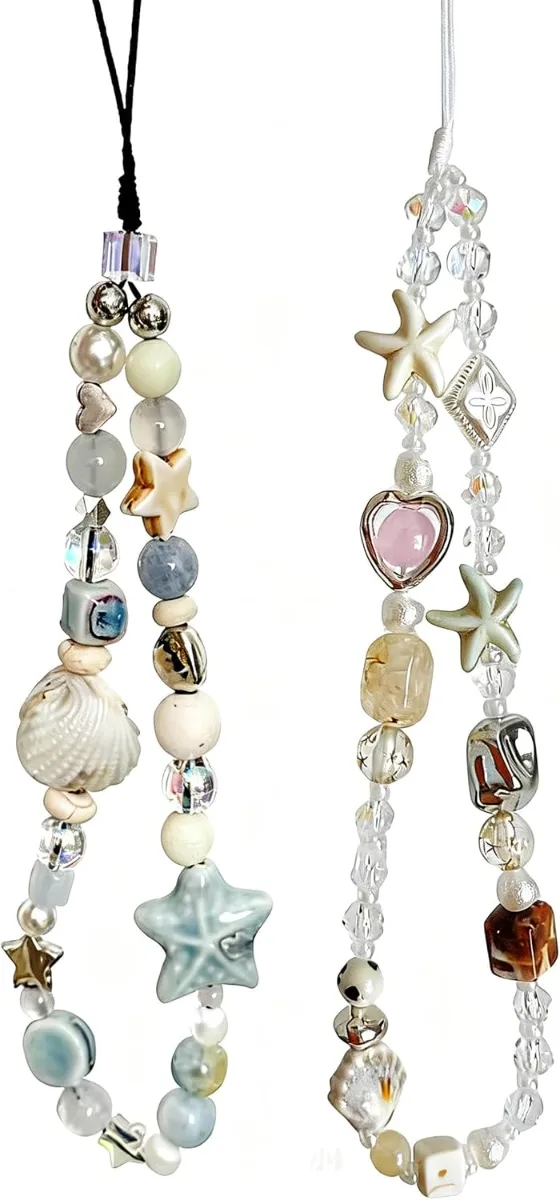 A flat lay of cute phone accessories that look expensive, featuring adjustable lanyards, pearl‑beaded chains, magnetic tethers, two‑tone braided wristlets, and MagSafe grips.