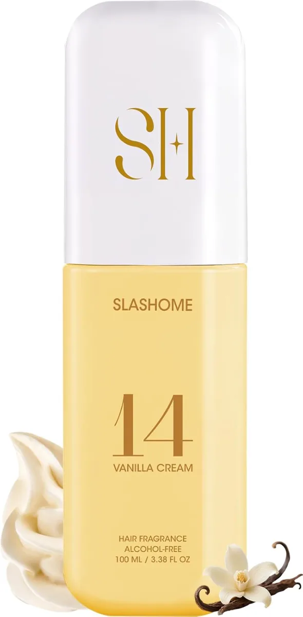 Woman spraying vanilla cream hair perfume on hair and wrists, alcohol-free long-lasting scent