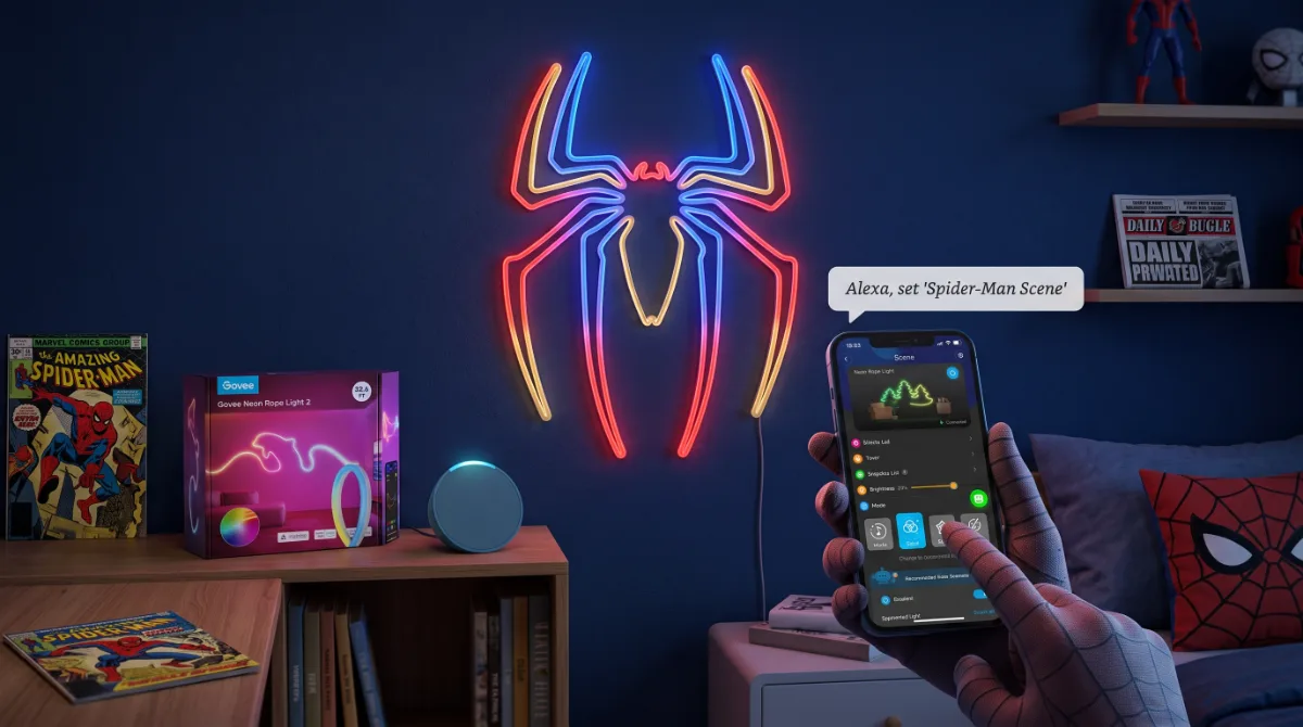 Spider-Man themed bedroom with red and blue RGB neon rope lights tracing web patterns on walls, controlled by voice assistant