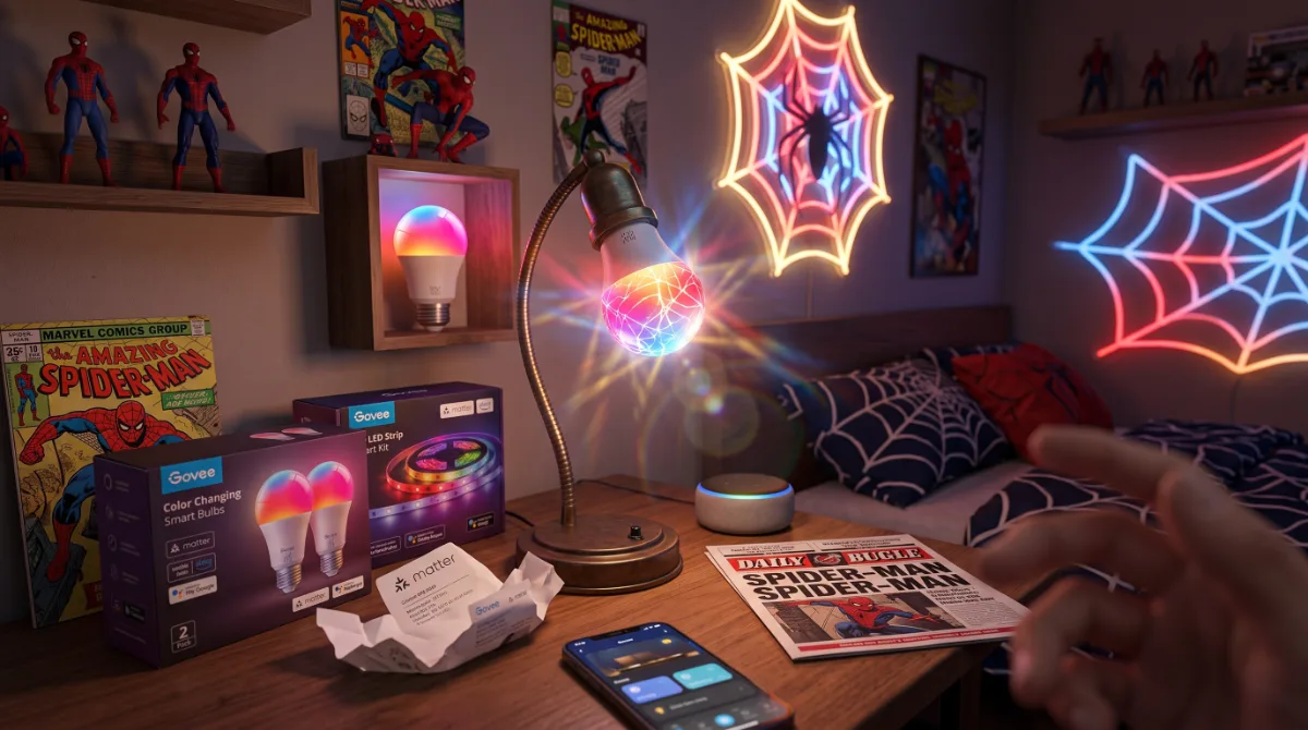 Spider-Man themed bedroom with red and blue RGB neon rope lights tracing web patterns on walls, controlled by voice assistant