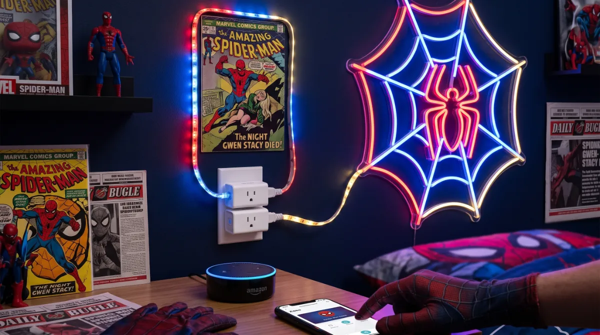 Spider-Man themed bedroom with red and blue RGB neon rope lights tracing web patterns on walls, controlled by voice assistant