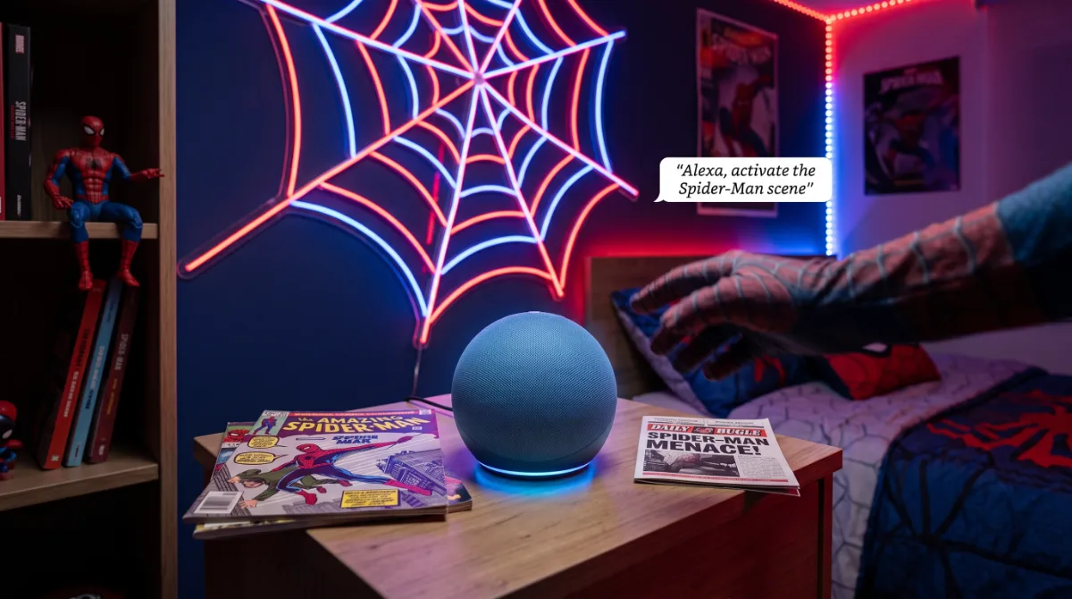 Spider-Man themed bedroom with red and blue RGB neon rope lights tracing web patterns on walls, controlled by voice assistant