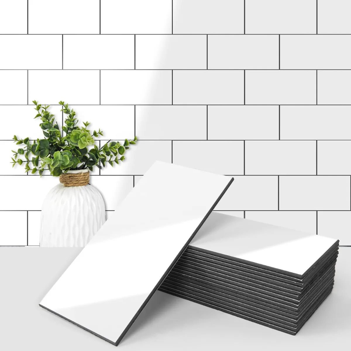 Illustration showing how to make a rental look expensive using peel‑and‑stick marble, lighting, and shelving