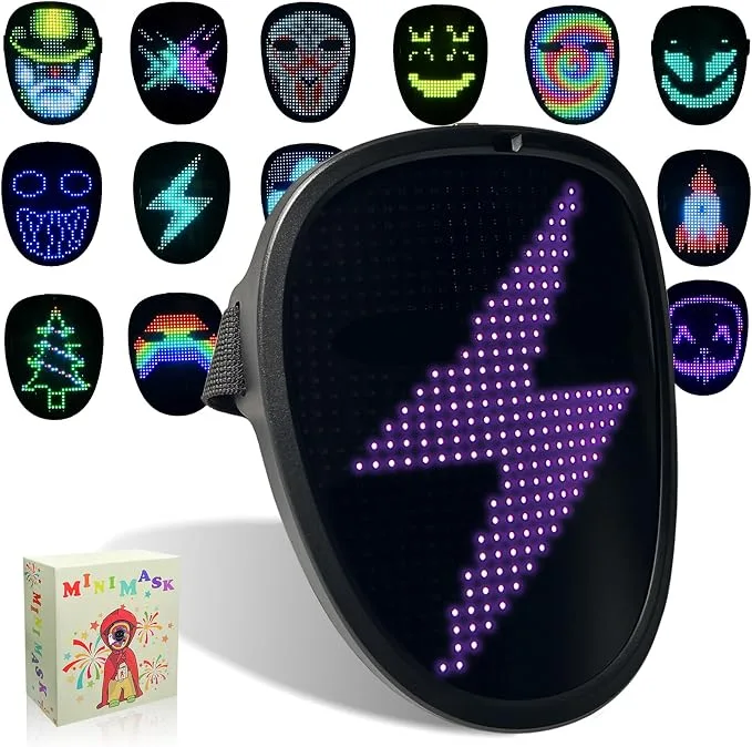 MOYACA LED mask with gesture sensing glowing in dark room on person's face showing adjustable straps and colorful light patterns