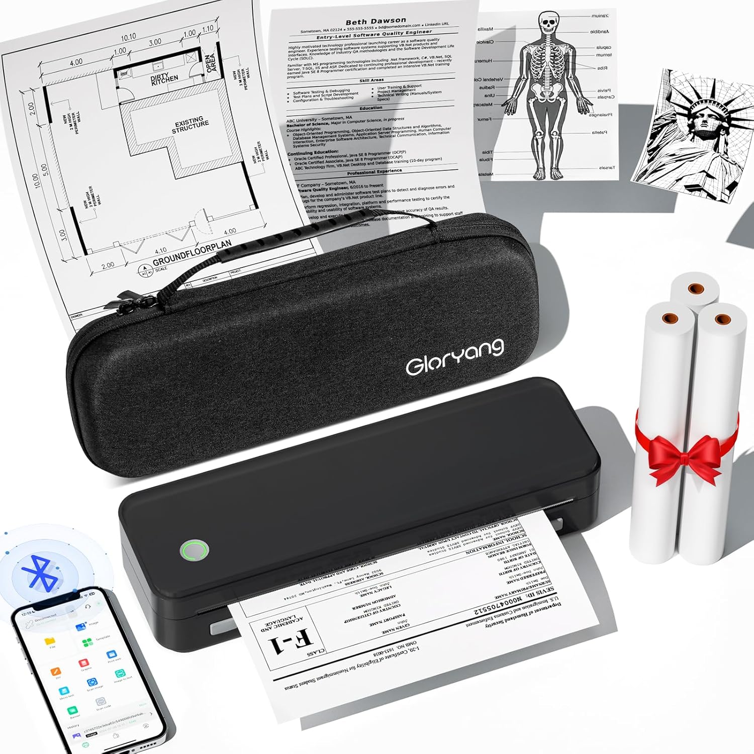 Black wireless thermal printer with carry case and paper rolls spread on marble
