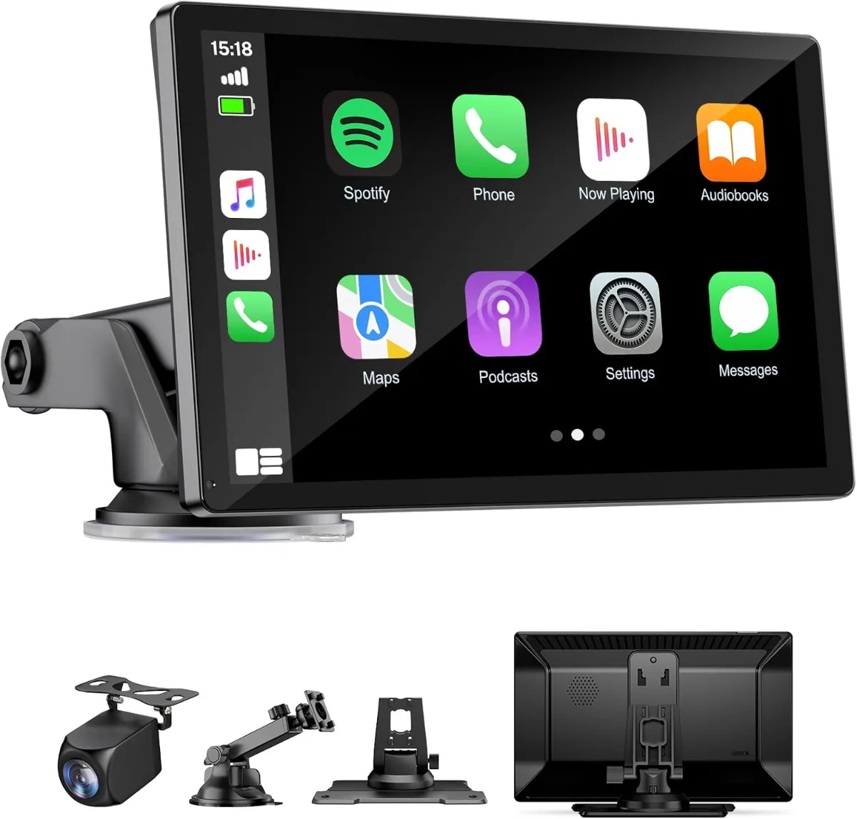 Wireless Apple Carplay screen mounted on car dashboard showing navigation and music controls